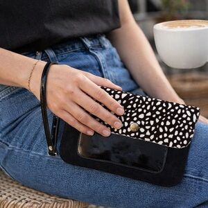 Prune Black Suede & Calf Hair Wristlet Clutch 8x5